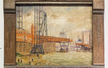 Huldigung an Konrad Adenauer mit einem Gemälde zum Brückenbau