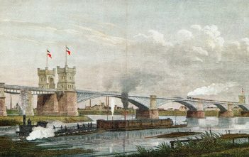 Die erste Duisburg-Hochfelder Eisenbahnbrücke von 1873 - im Vordergrund das alte Trajekt